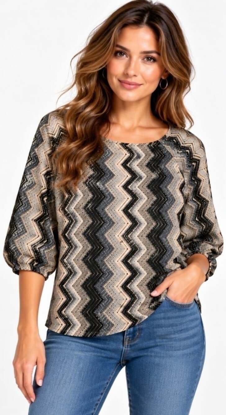Kim & Cami Women's M Chevron Knit Crochet Scoop Neck Dolman 3/4 Sleeve Top T35